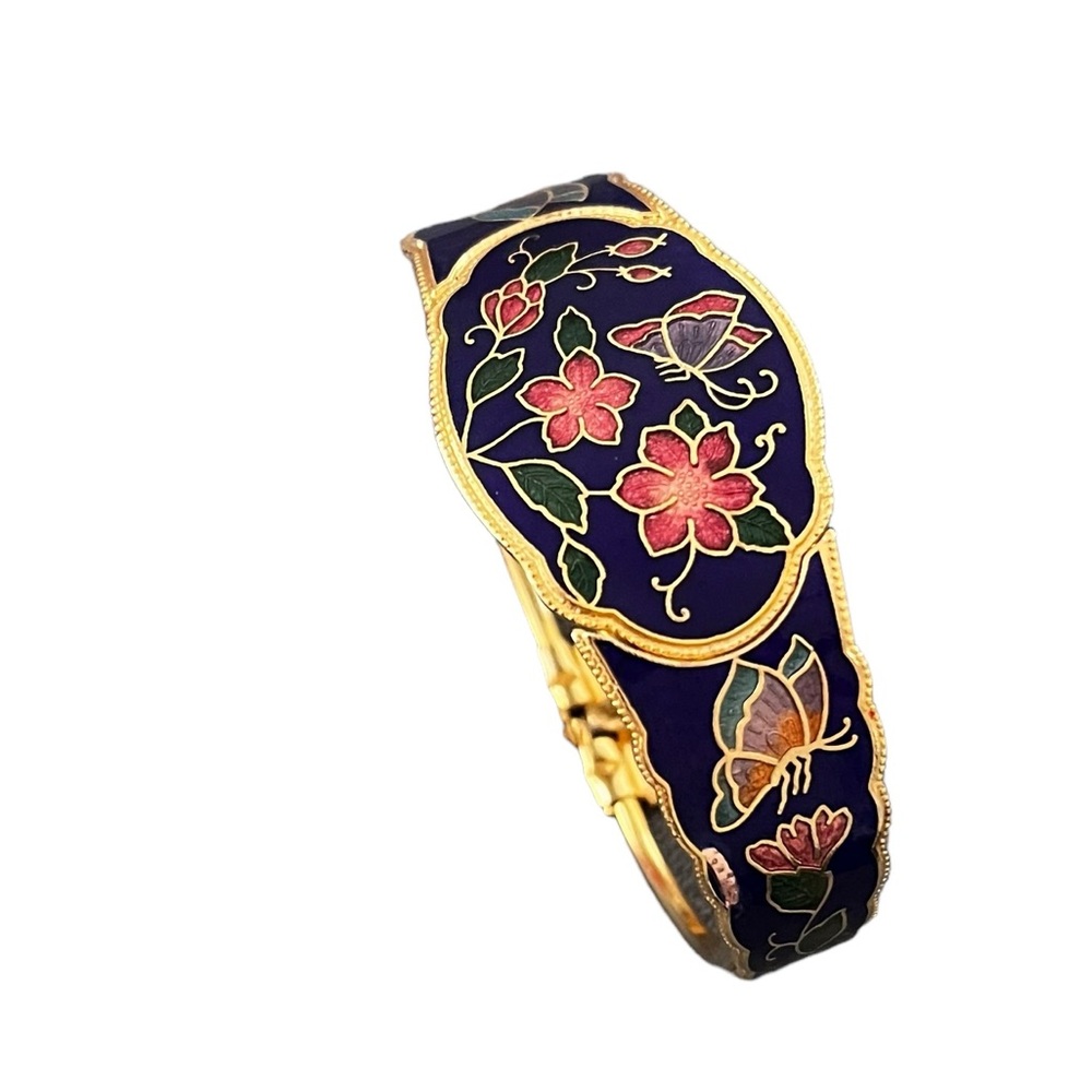 Vtg Enamel Flower Butterfly Multicolor Cloisonné Gold Tone Bracelet Cuff Bangle - Picture 3 of 12